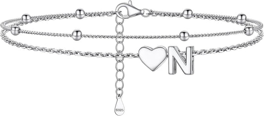 PROSILVER Ankle Bracelets for Women S925 Sterling Silver Anklets for Women Waterproof, Dainty Layered Heart Anklet, Beach Initial Anklet for Summer, Letter A-Z