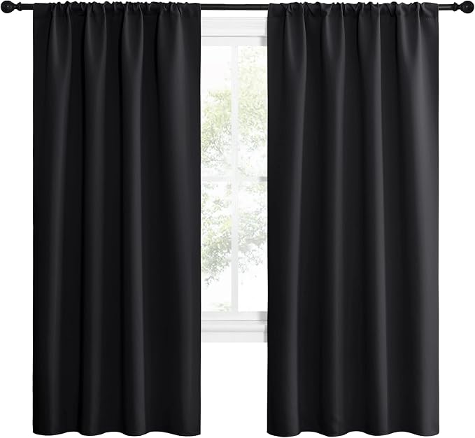 NICETOWN Living Room Blackout Shades - All Season Rod Pocket Thermal Insulated Solid Blackout Curtains/Drapes for Living Room (Set of 2, 42 inches by 72 Inch, Black)