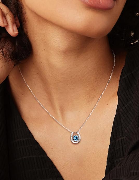 925 Sterling Silver Horseshoe Necklace for Women Round Gemstone Birthstone Necklace Sapphire/Emerald/Ruby/CZ Horse Shoe Pendant Necklaces Jewelry Gift