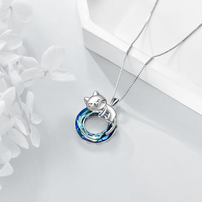 Cat Necklace Sterling Silver Cat Zircon Pendant Gothic Jewelry for Women Animal Lovers Gifts