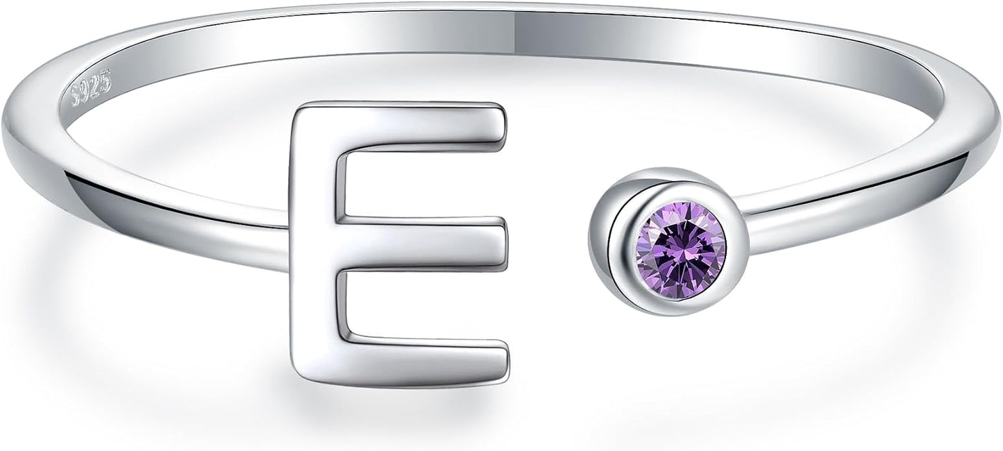 925 Sterling Silver Initial Letter Birthstone Rings for Women Adjustable 1-12 Month Birthstone Alphabet Stacking Ring for Teens Girls Stackable Birthstone Rings Birthday Jewelry Gift for Daughter Mom