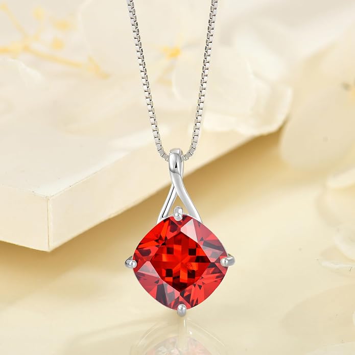 Square Cut Birthstone Necklace for Women Hypoallerg 925 Sterling Silver Cubic Zirconia Necklace Simple Jewelry for Her