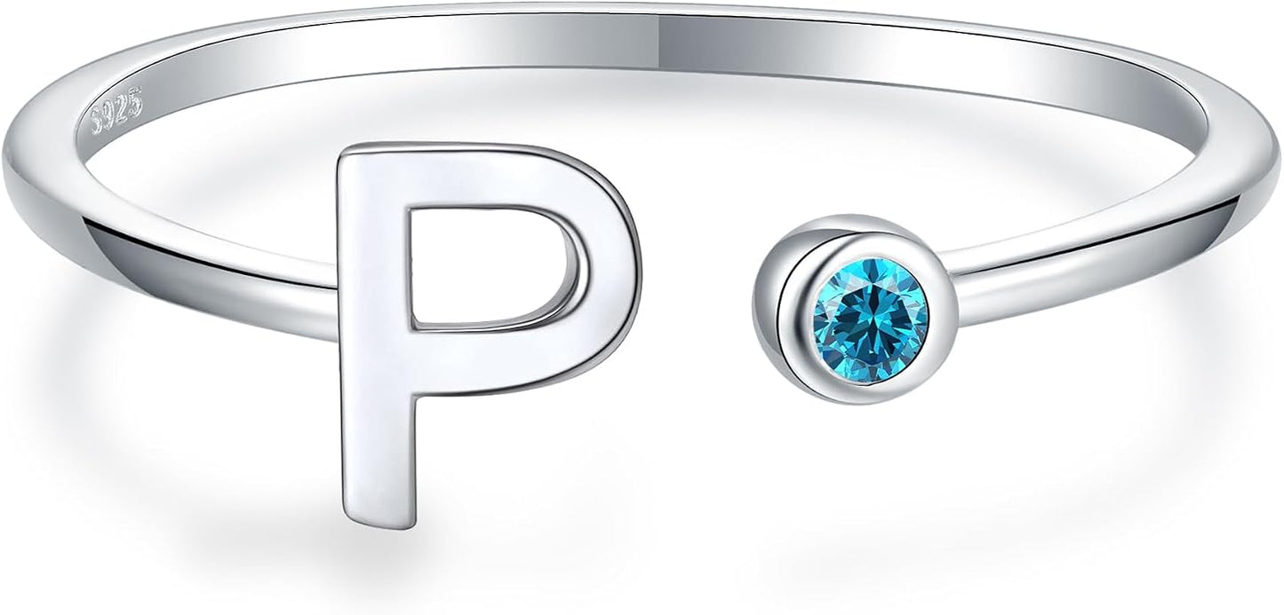 925 Sterling Silver Initial Letter Birthstone Rings for Women Adjustable 1-12 Month Birthstone Alphabet Stacking Ring for Teens Girls Stackable Birthstone Rings Birthday Jewelry Gift for Daughter Mom