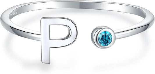 925 Sterling Silver Initial Letter Birthstone Rings for Women Adjustable 1-12 Month Birthstone Alphabet Stacking Ring for Teens Girls Stackable Birthstone Rings Birthday Jewelry Gift for Daughter Mom