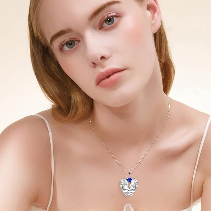 YFN Angel Wings Necklace 925 Sterling Silver Guardian Angel Wings Pendant Necklace Birthstone Necklace for Women Girls Christmas Jewelry Gifts