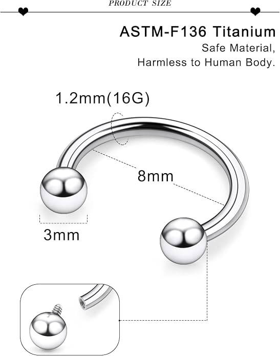 20G 18G 16G 14G 12G 8G 6G 4G 2G ASTM F136 Titanium Internal Thread Horseshoe Septum Ring Jewelry Circular Barbell Helix Snug Tragus Rook Daith Cartilage Earring Lip Ring Piercing Jewelry