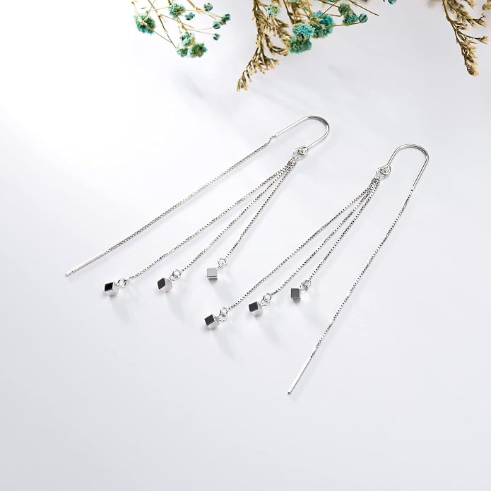 Sterling Silver Threader Earrings Flower Heart Moon Star Tiny Cube Rhombus Sector Beads Dream Catcher Evil Eye Butterfly Leaf Lightning Bolt Tassel Dangle Drop Chain Charm Earrings Jewelry Gifts for Women