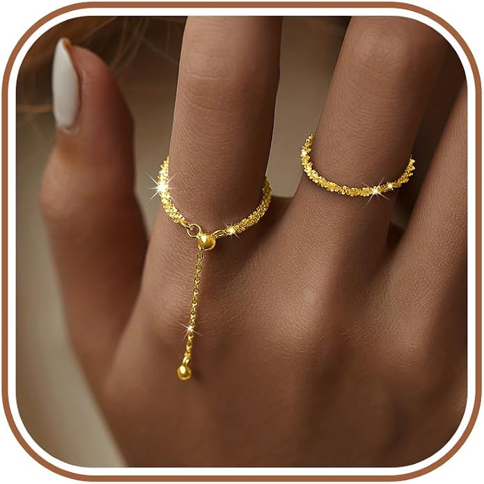 925 Sterling Silver Link Chain Fidget Rings with Dangle Bead Star for Women 14k Gold Plated Adjustable Sparkling Twist Rope Ring Stackable Line Finger Ring Jewelry Christmas Gifts for Mom