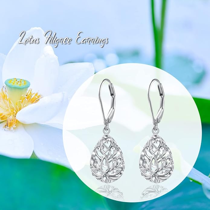 925 Sterling Silver Filigree Dangle Drop Earrings Daisy/Lotus/Rose Flower/Moonstone Leverback Teardrop Earrings for Women Infinity Celtic Knot Daisy Lotus Jewelry for Mothers Day