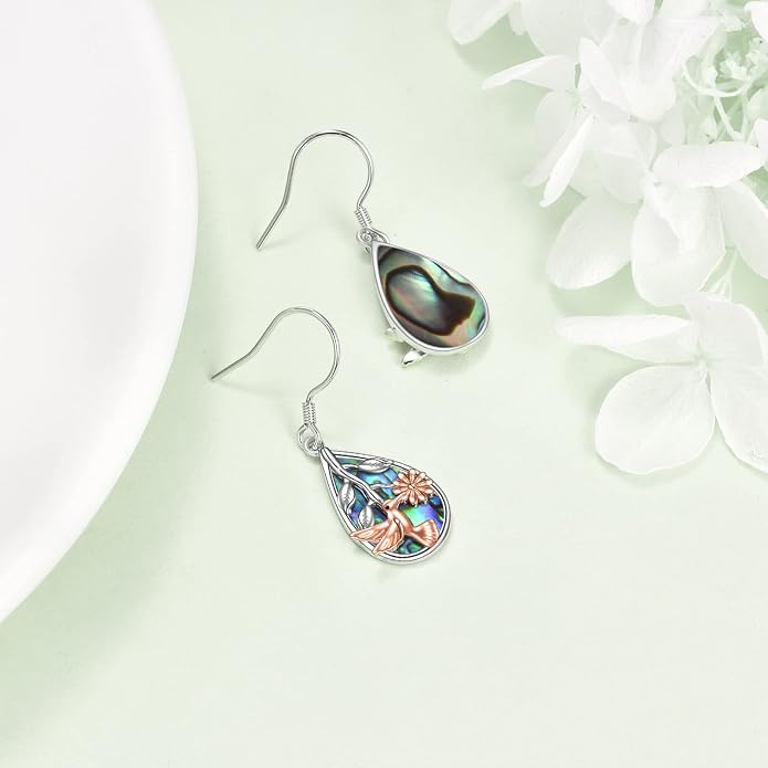 CRMAD Hummingbird/Bee/Leaves/Sunflower/Daisy/Dragonfly/Rose/Lotus Flower Sterling Silver Filigree Teardrop Earrings Abalone Shell Jewelry for Women