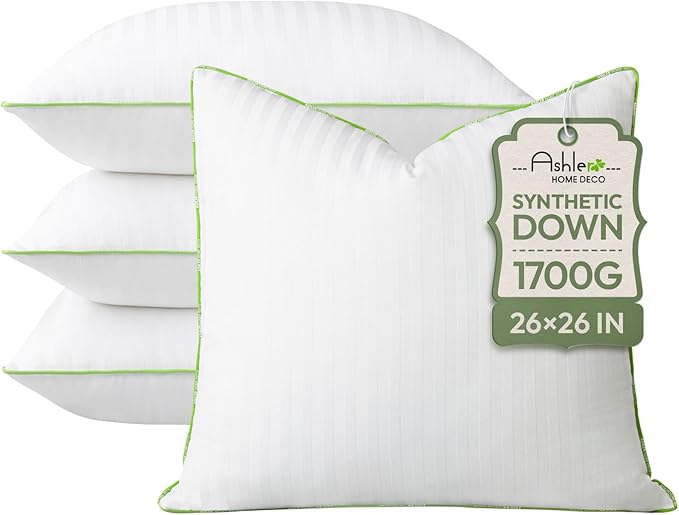 Ashler Home Deco Synthetic Down Pillow Inserts, 26x26 Down Alternative Throw Pillows Insert Sleeping Pillows with 100% Cotton Cover Decorative Pillow Stuffer for Sofa, Couch Bed(Set of 4, White)