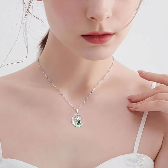 PROESS Animal Birthstone Necklace 925 Sterling Silver Otter/Axolotl/Hippo/Elephant/Dachshund/Monkey/Red Panda Pendant Necklace Animal Birthstone Jewelry Gifts for Women