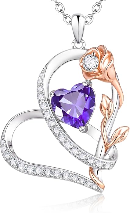 Rose Heart Birthstone Necklace for Women - Dainty 925 Sterling Silver Necklaces for Women Trendy CZ Pendant Necklace Jewelry Birthday Anniversary Christmas Gifts for Girlfriend Mom Lady Daughter