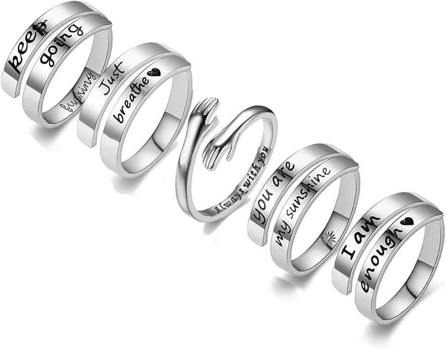 Stainless Steel Hope Rings Set Hug Ring Just Breathe Ring Inspirational Adjustable Ring for Women Gift for Her Birthday Christmas