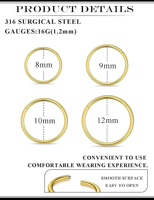 20G 18G 16G 14G 12G 10G 8G 6G Nose Rings Hoops 316l Surgical Steel Clicker Septum Lip Ring Tragus Helix Daith Rook Conch Snug Cartilage Lobe Earrings Hoop Piercing Jewelry For Women Men