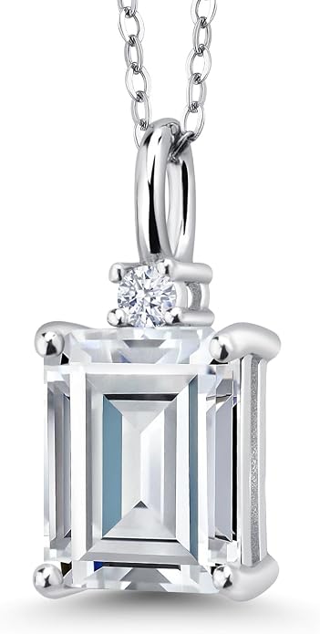 Gem Stone King 925 Sterling Silver Gemstone Birthstone Pendant Necklace for Women | Emerald Cut 10X8MM and Round 2MM | With 18 Inch Chain | Fine Jewelry for Her Mom Wife