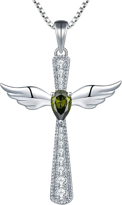 YL Cross Necklace 925 Sterling Silver Angel Wings Pendant Teardrop Birthstone Criss Jewelry for Women