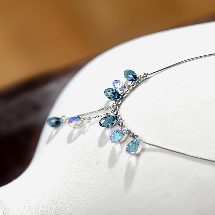 925 Sterling Silver Handmade Crystals Rain Drop Tassel layered Pendant Boho necklace statement Chandelier shape Lobster Clasp Length Choker 18"+2" Ideal Gift for Women Ladies Dress accessories.