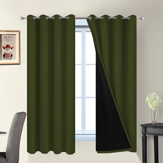 Yakamok Olive Green 100% Blackout Curtains 63 Inches Long 52" Wide 2 Panels | Blackout Curtain Panels for Bedroom, 2 Thick Layers Grommet Top Thermal Insulated Drapes with Black Liner for Living Room