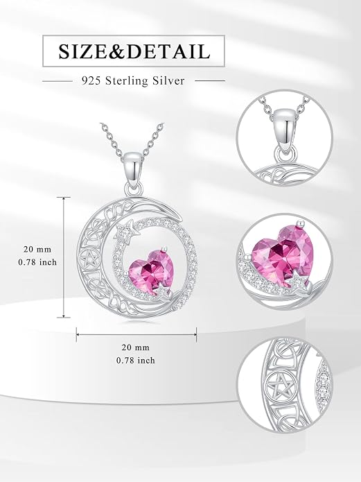 Dorunmo Heart Birthstone Necklace for Women 925 Sterling Silver Moon and Star Pendant Birthday Jewelry Gifts for Wife Her Daughter Mom