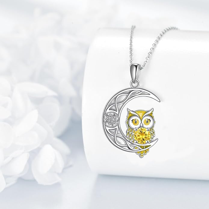 Owl Birthstone Necklace Sterling Silver Celtic Moon Pendant Cubic Zirconia Owls Jewelry Birthday Gifts for Women Men