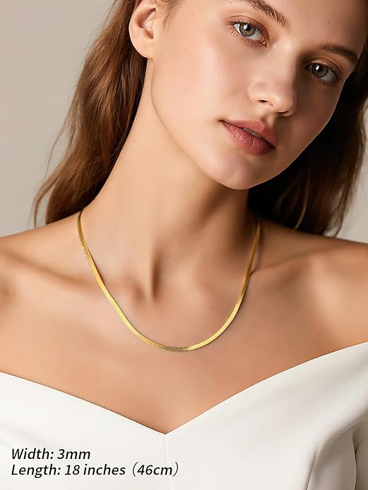 FindChic Black/14K Gold Plated Herringbone Choker Chain Necklace for Women | Waterproof Stainless Steel, Dainty Layering, Flat Snake Chain, Non-Tarnish, Hypoallergenic, Adjustable Extender, Gift Box