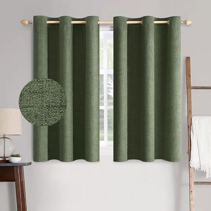 MIULEE 100% Blackout Linen Textured Curtains for Bedroom Solid Thermal Insulated Olive Green Grommet Room Darkening Curtains & Drapes Luxury Decor for Living Room 42 x 63 Inch (2 Panels)