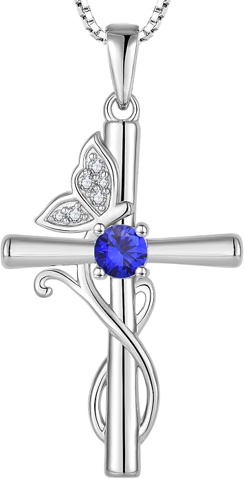 STARCHENIE Butterfly Cross Necklace 925 Sterling Silver Crucifix Pendant Birthstone Jewelry for Women