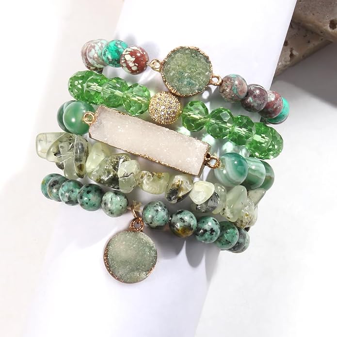 Yomisa 5PCS 6PCS Natural Boho Beaded Bracelets/Bangle for Women Men,Healing Turquoise Jasper Agate Crystal Gemstone Stone Chakra Multilayer Wrap Bohemian Handmade Jewelry Beads Stretch Bracelet Set