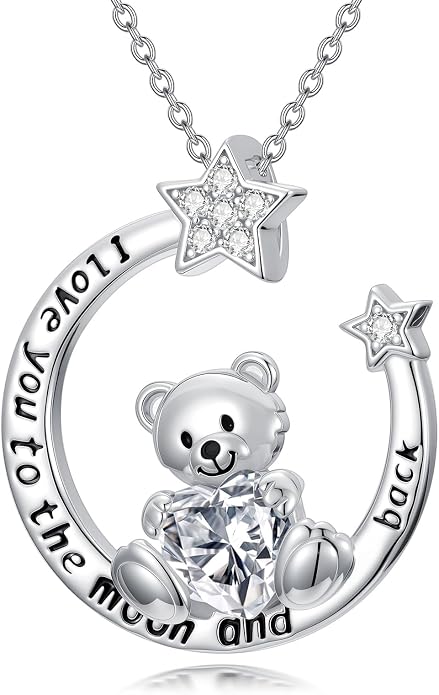 PELOVNY Teddy Bear Necklace for Women 925 Sterling Silver Bear/Highland Cow/Fox/Cat/Axolotl Birthstone Necklace Christmas Birthday Jewelry Gifts for Mom Daughter Wife Sister