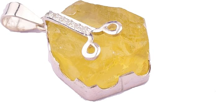 Natural Raw Lemon Quartz Stone Rough Crystal Gemstone Dainty Women Pendant Necklace, Chakra Healing Crystals, Birthstone, Gift, Rhodium Plated 925 Sterling Silver Chain 18 inch