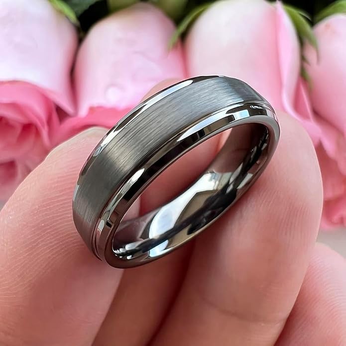 TUTISS 6mm 8mm Tungsten Rings for Men Women Fashion Engagement Wedding Bands Brushed Finish Stepped Beveled Edges Comfort Fit