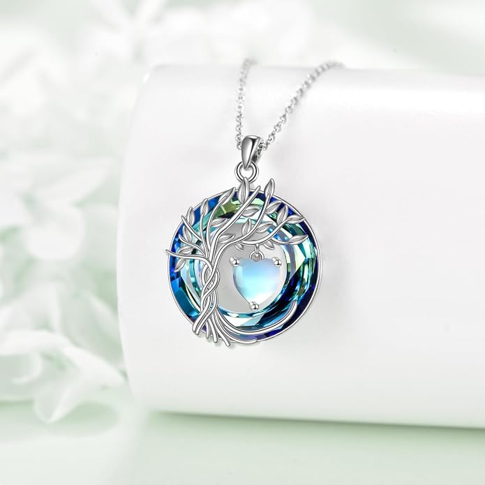 POPLYKE Mothers Day Gifts for Mom Her Wife Tree of Life Necklace 925 Sterling Silver Birthstone Pendant with Crystal Anniversary Birthday Wedding Jewelry for Women