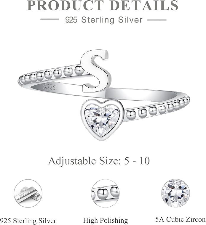 Step Forward 925 Sterling Silver Adjustable Initial Ring for Women | Non Tarnish Letter Rings for Lady | Alphabet Heart Thumb Rings | Capital Letter Jewelry Gifts
