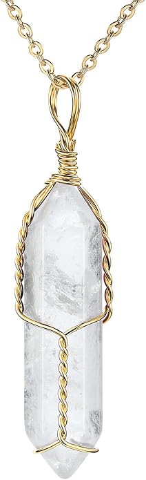 JADENOVA Full Wire Wrapped Energy Healing Crystal Gemstone Pendant Necklace 18" Stainless Steel Chain
