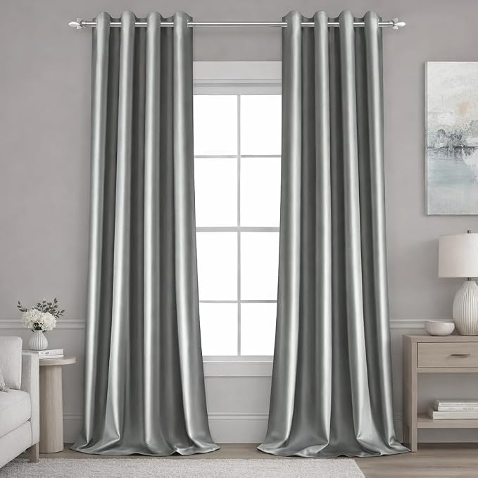 HOMEIDEAS 2 Panels Silver Grey Faux Silk Blackout Luxury Curtains, 52 X 84 Inch Room Darkening Satin Thermal Insulated Window Drapes for Bedroom Decor, Indoor