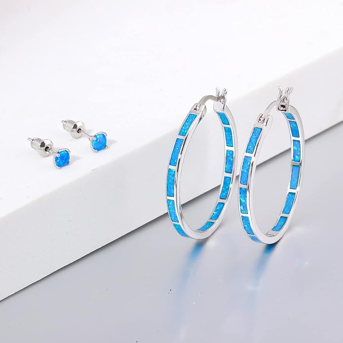 CiNily Opal Hoop Earrings,Women Jewelry Rhodium Plated/Rose Gold or Yellow Gold Plated Gemstone Big Hoop Earrings 32mm