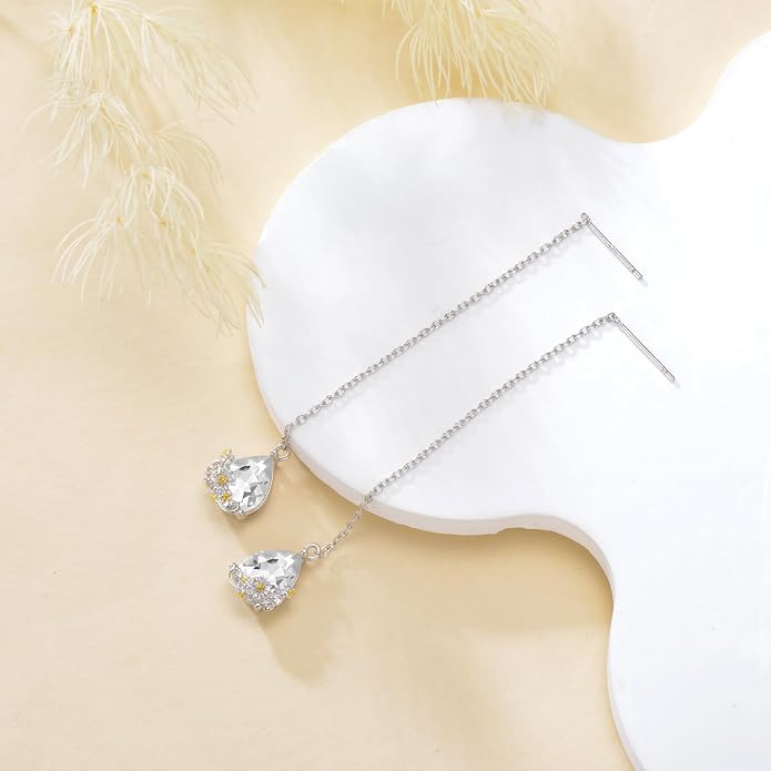 TIGERRIDER Mushroom/Daisy Flower Threader Earrings for Women Sterling Silver Mushroom Through Long Chains Earrings Jewelry Birthday Gifts