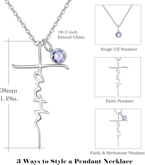 PRAYMOS Faith Cross Necklace for Women 925 Sterling Silver Pendant Necklace With Birthstone Initial Christian Religious Confirmation Baptism Mothers Day Gifts