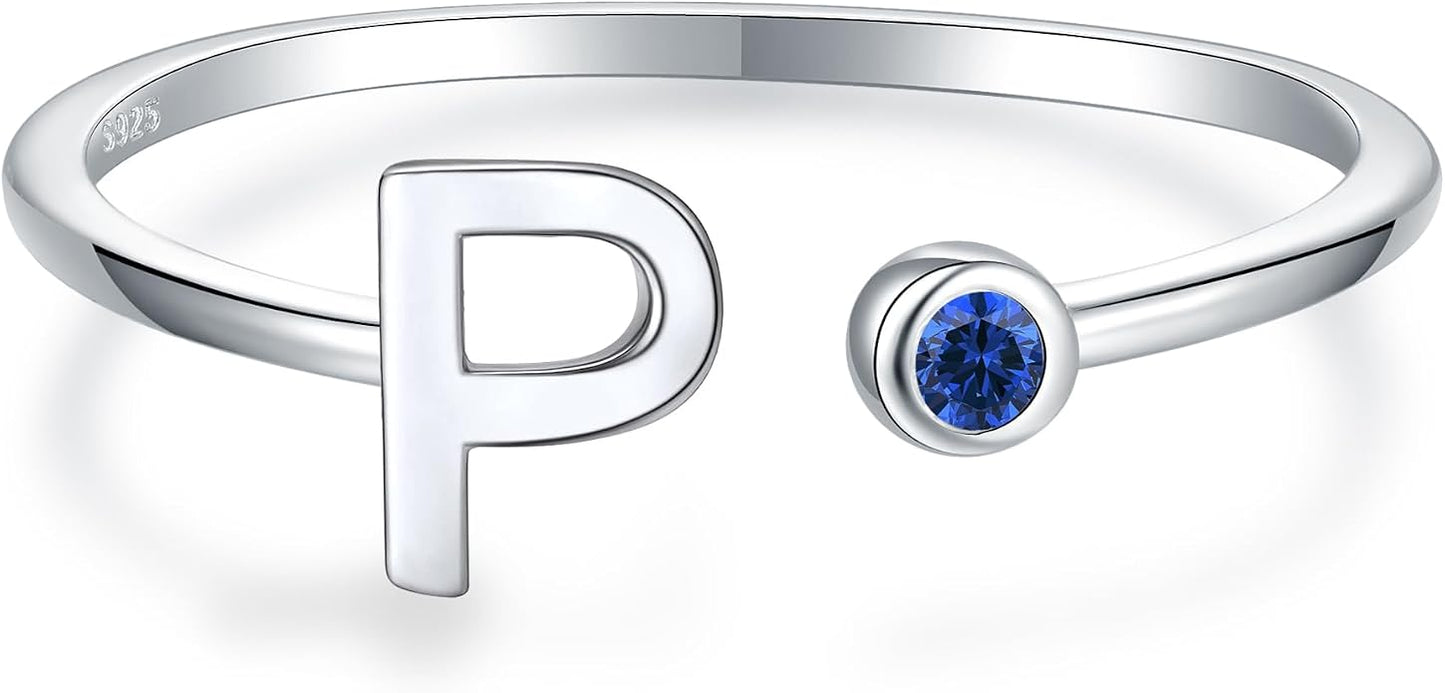 925 Sterling Silver Initial Letter Birthstone Rings for Women Adjustable 1-12 Month Birthstone Alphabet Stacking Ring for Teens Girls Stackable Birthstone Rings Birthday Jewelry Gift for Daughter Mom