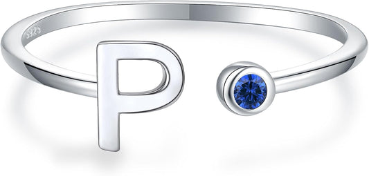 925 Sterling Silver Initial Letter Birthstone Rings for Women Adjustable 1-12 Month Birthstone Alphabet Stacking Ring for Teens Girls Stackable Birthstone Rings Birthday Jewelry Gift for Daughter Mom