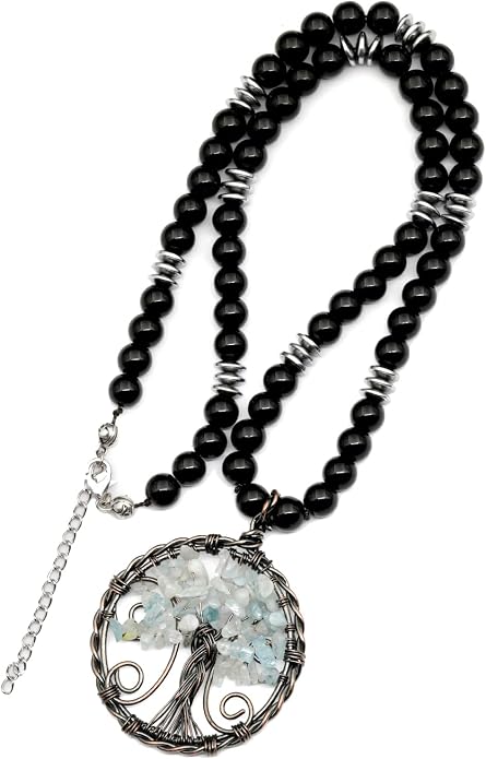 ElisaJewelryArt - Natural Amethyst Big Tree Of Life Pendant Black Onyx Stone Beaded Necklace Genuine Gemstone Feng Shui Stone Clasp Closure Necklace Unisex Necklace