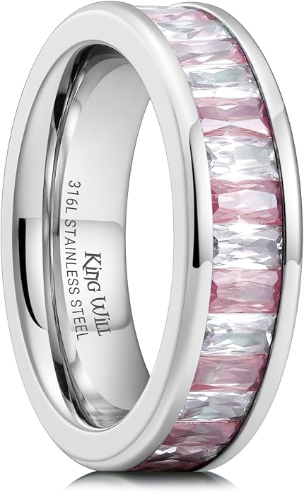 King Will 6mm 316L Stainless Steel Eternity Ring for Women, Colorful Baguette-Cut Cubic Zirconia Stackable Band, Pipe Cut Anniversary Engagement Ring Comfort Fit, Size 6-10
