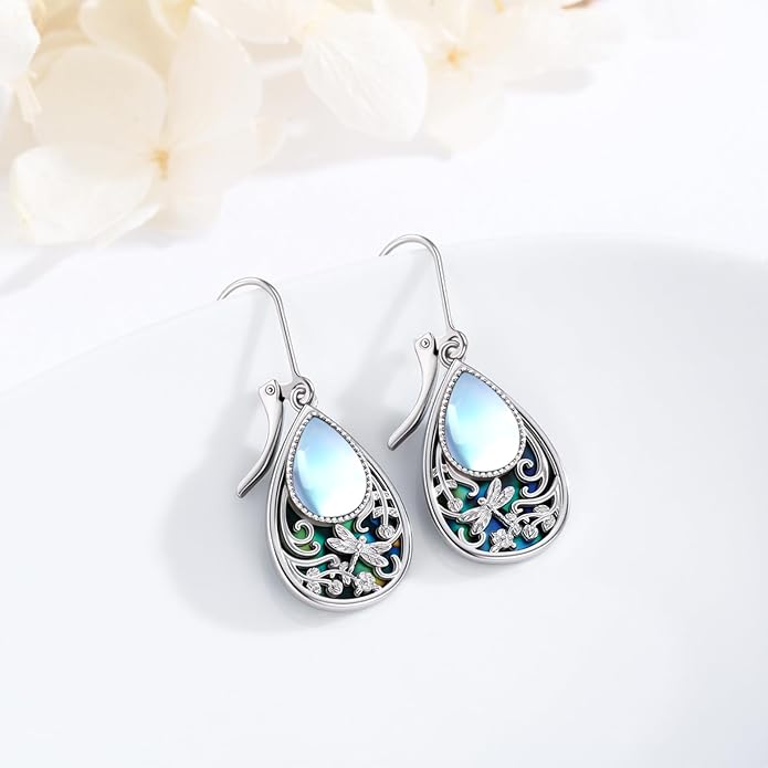 Dragonfly Filigree Earrings 925 Sterling Silver Teardrop Moonstone Abalone Shell Dangle Drop Earrings Filigree Jewelry Gifts for Women