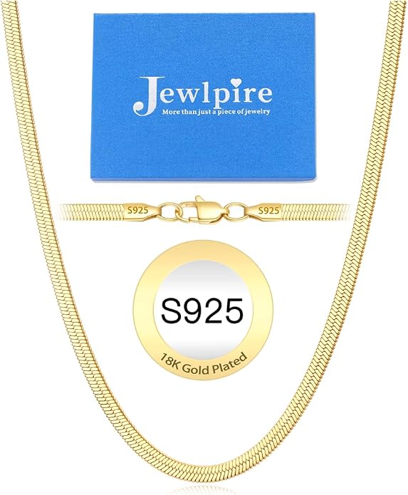 Jewlpire 3mm 4mm 5mm Herringbone Necklace 18K Gold Plated 925 Sterling Silver Chain Necklace for Women, Flat Snake Chain Necklace, Women's Chains Necklaces 16 18 20 22 24 Inch