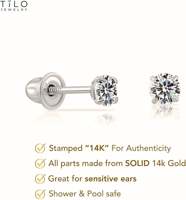 14k White Gold Solitaire Round Cubic Zirconia CZ Stud Earrings in Secure Screw-backs