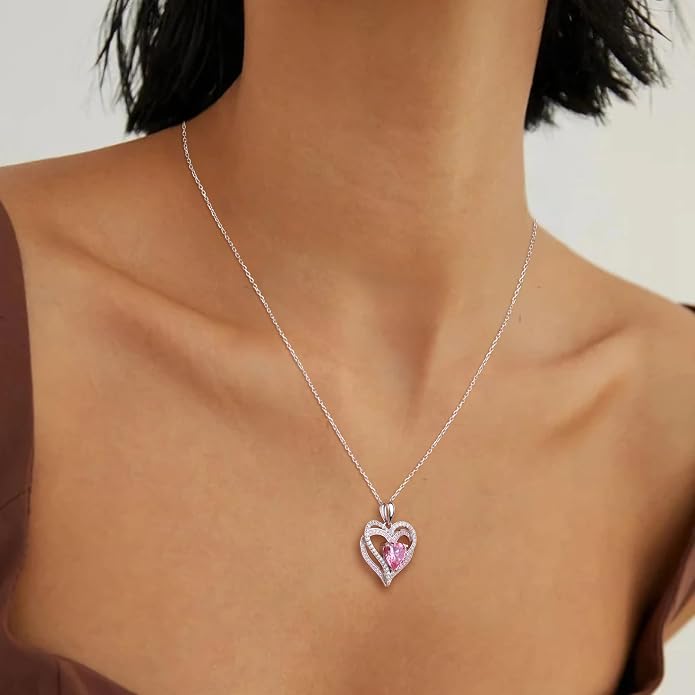 Anniversary Charm Necklace, Sterling Silver 14K Gold Plated Chain with Interlocking Heart Pendant Elegant Birthstone Necklaces for Women, Length 18"