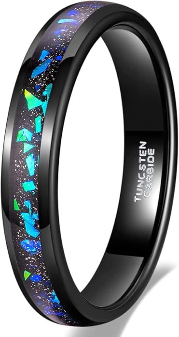 TRUMIUM 4mm 6mm Wedding Rings for Men Women Tungsten Carbide Galaxy Opal and Sandblast Inlay Multi-Colored Mens Wedding Band Beveled Edges Comfort Fit Size 5-13