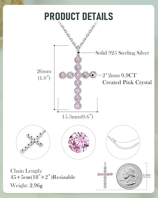 925 Sterling Silver 18 inch Birthstone Cross Pendant Necklace for Women Men