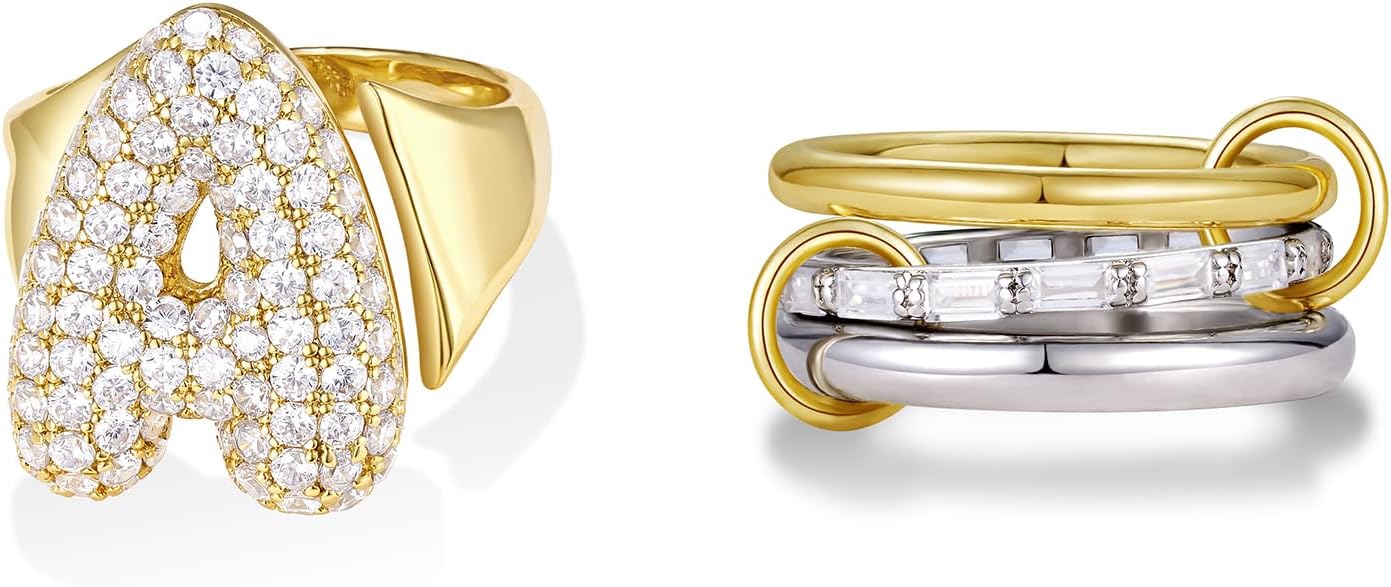 KissYan Bubble Initial Ring With Stackable Rings for Women